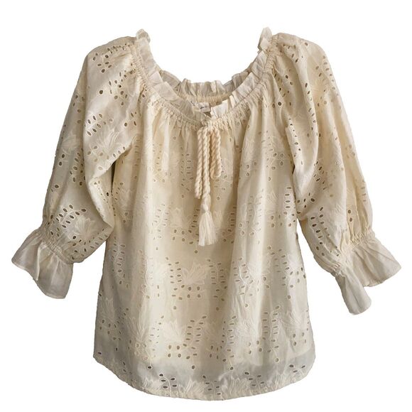 Chelsea & Theodore Eyelet Peasant Blouse Womens Size M Cream On/Off Shoulder - Picture 3 of 15